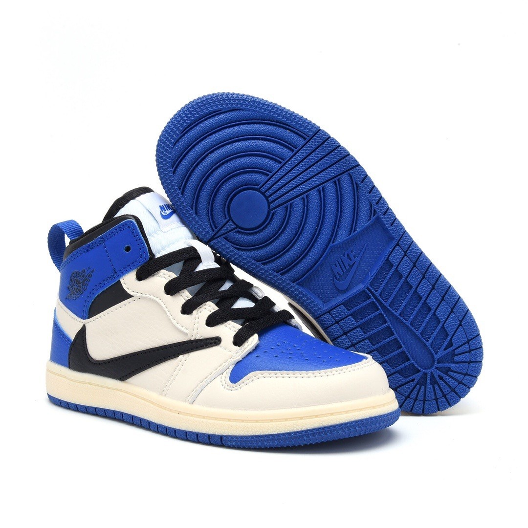 Kids TRAVIS SCOTT X FRAGMENT X AIR JORDAN 1 BLUE WHITE SHOES DH3227-105