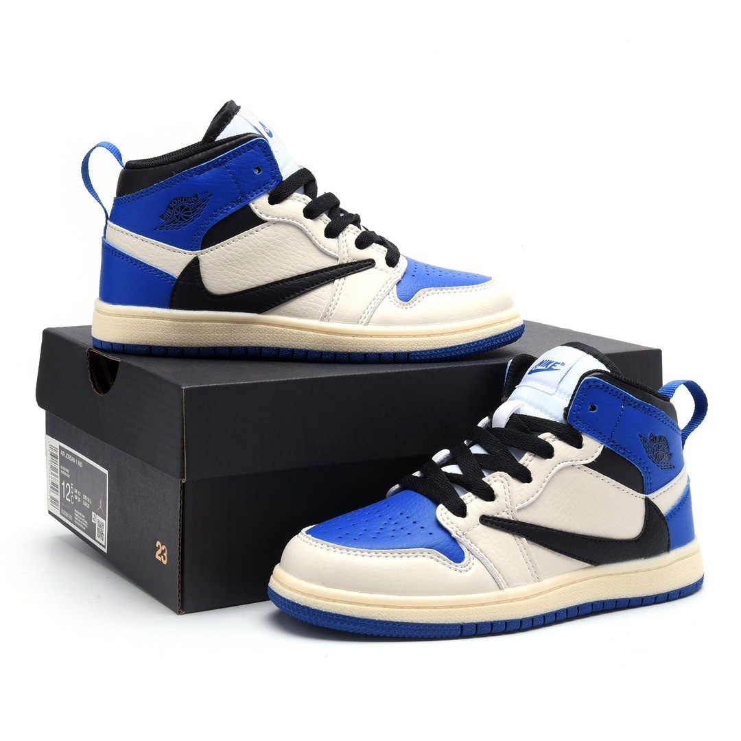 Kids TRAVIS SCOTT X FRAGMENT X AIR JORDAN 1 BLUE WHITE SHOES DH3227-105