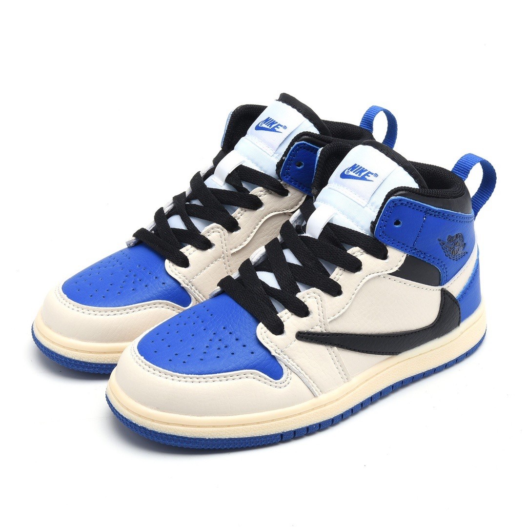 Kids TRAVIS SCOTT X FRAGMENT X AIR JORDAN 1 BLUE WHITE SHOES DH3227-105